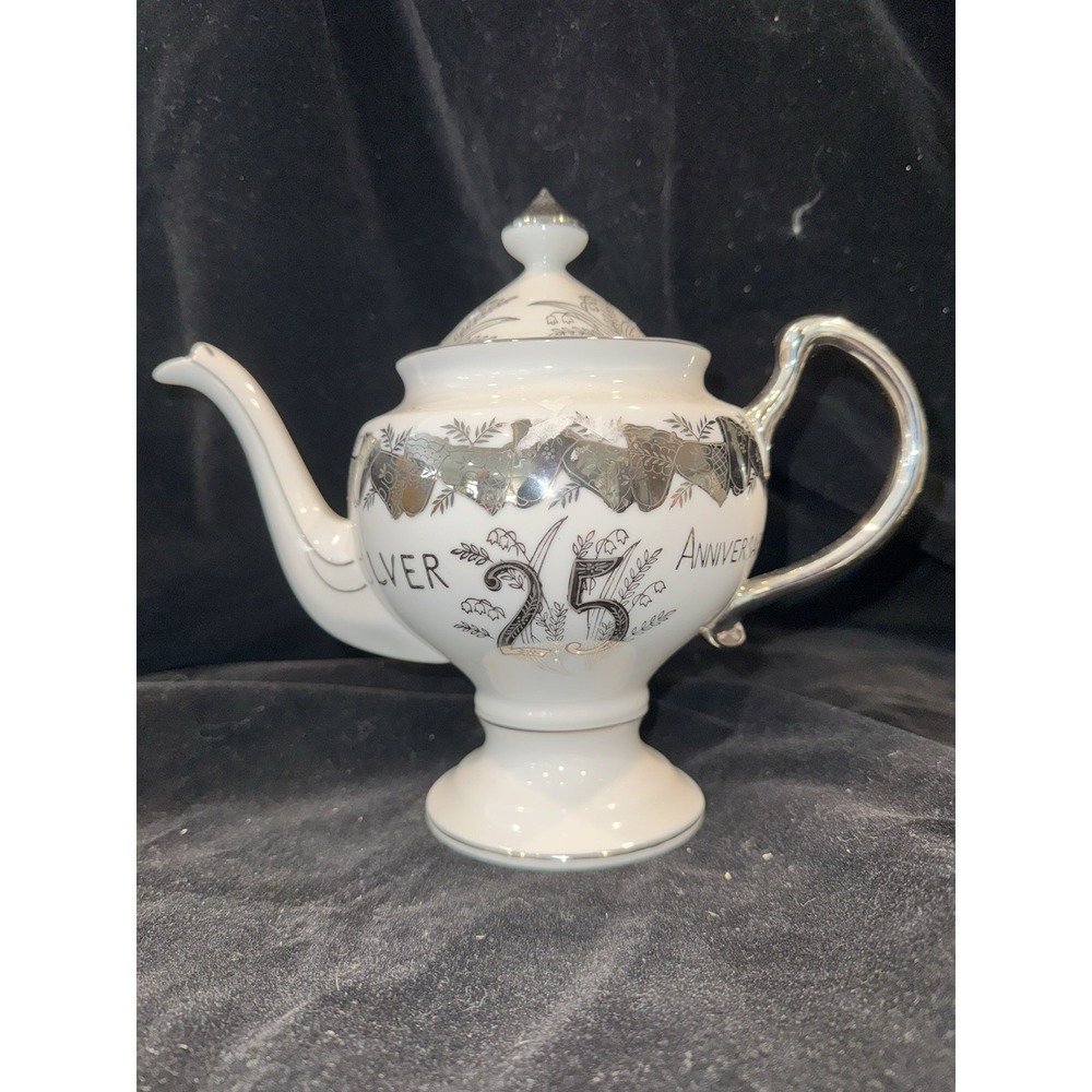 L-258 Norcrest Fine China 25th Silver Anniversary Tea Pot Approximately 9 Inches